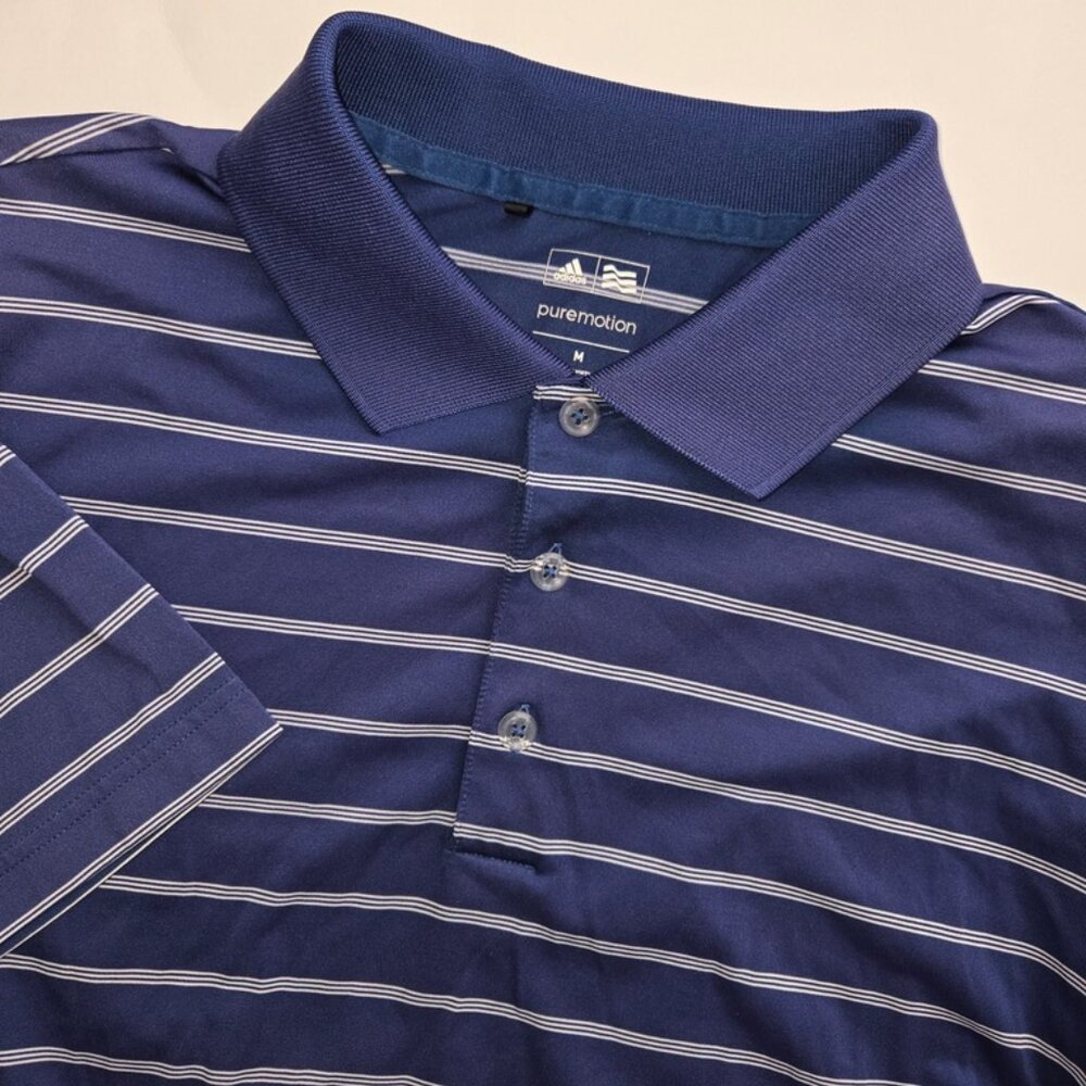 Adidas Pure Motion Mens Golf Polo Size Medium M Blue White Stripes